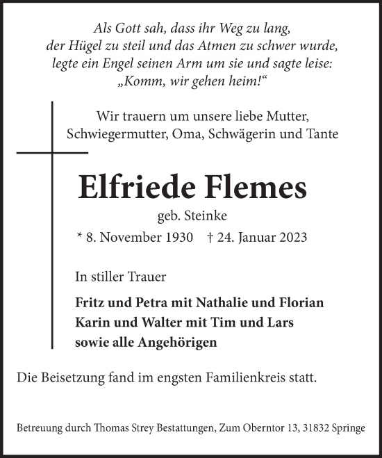 Traueranzeige von Elfriede Flemes von Neue Deister-Zeitung