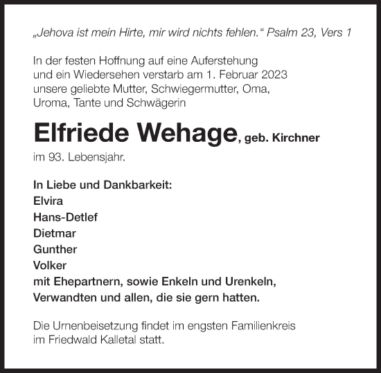 Traueranzeige von Elfriede Wehage von Deister- und Weserzeitung