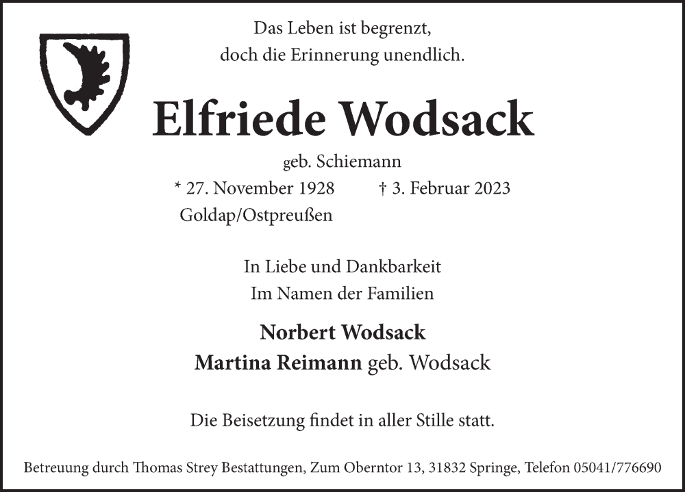  Traueranzeige für Elfriede Wodsack vom 11.02.2023 aus Neue Deister-Zeitung