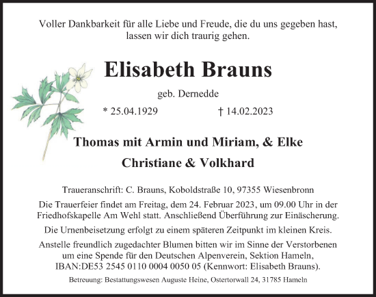 Traueranzeige von Elisabeth Brauns von Deister- und Weserzeitung