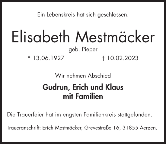 Traueranzeige von Elisabeth Mestmäcker von Deister- und Weserzeitung