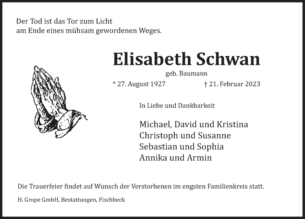  Traueranzeige für Elisabeth Schwan vom 25.02.2023 aus Deister- und Weserzeitung