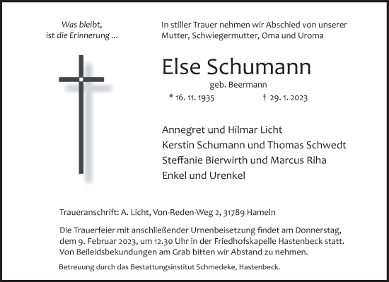 Traueranzeige von Else Schumann von Deister- und Weserzeitung