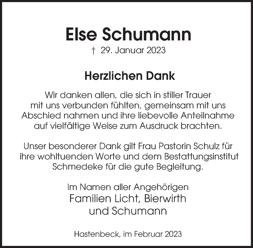  Traueranzeige für Else Schumann vom 25.02.2023 aus Deister- und Weserzeitung