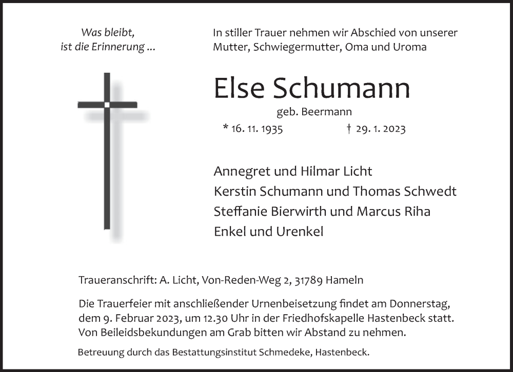  Traueranzeige für Else Schumann vom 04.02.2023 aus Deister- und Weserzeitung