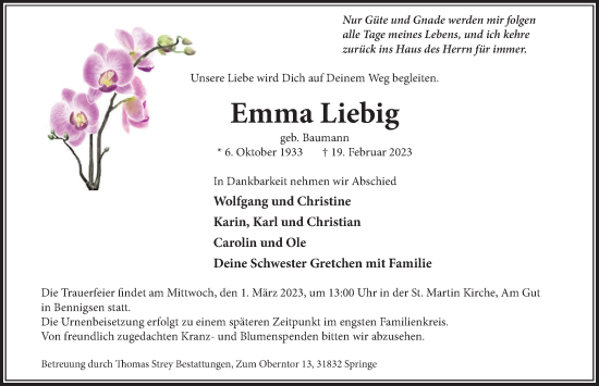 Traueranzeige von Emma Liebig von Neue Deister-Zeitung