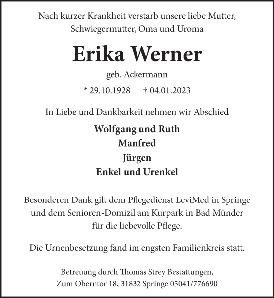 Traueranzeige von Erika Werner von Neue Deister-Zeitung