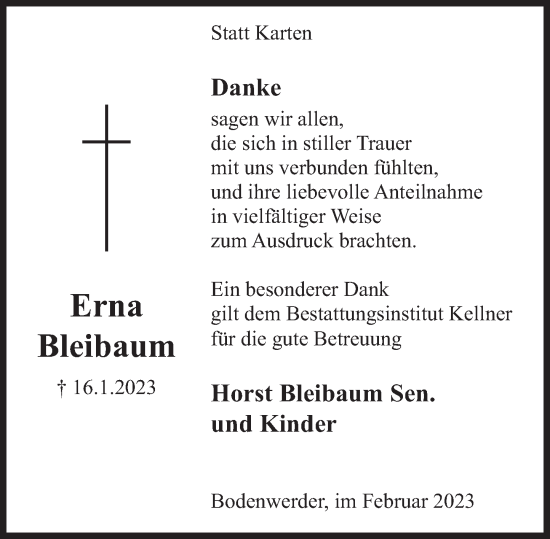 Traueranzeige von Erna Bleibaum von Deister- und Weserzeitung