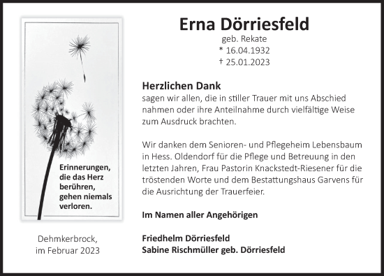 Traueranzeige von Erna Dörriesfeld von Deister- und Weserzeitung