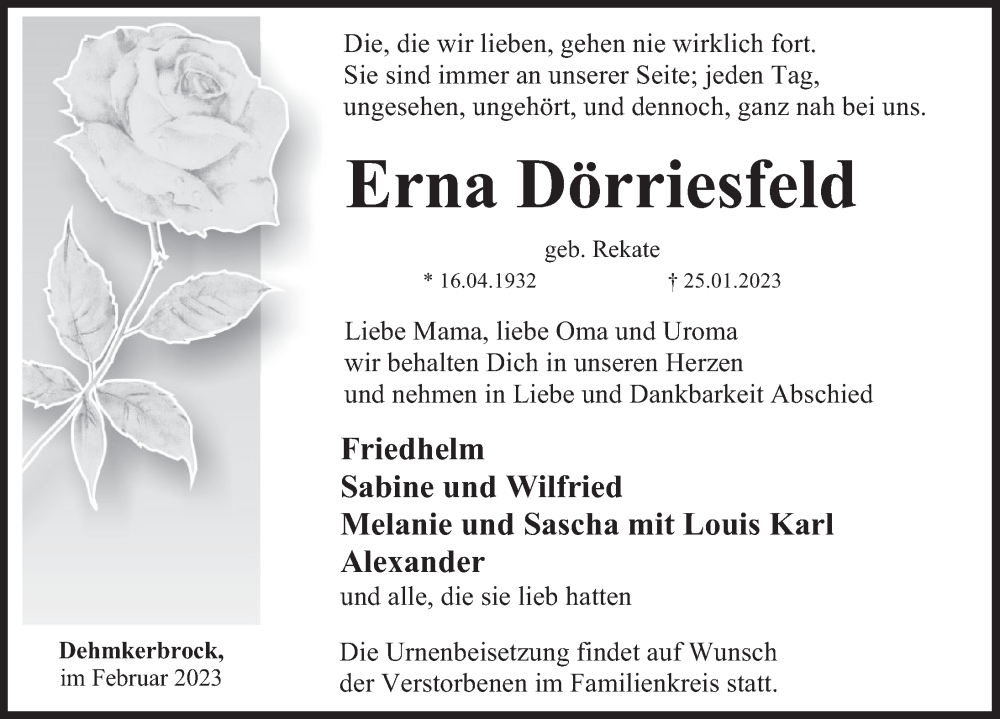  Traueranzeige für Erna Dörriesfeld vom 03.02.2023 aus Deister- und Weserzeitung