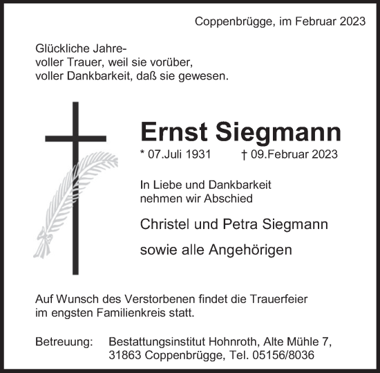 Traueranzeige von Ernst Siegmann von Deister- und Weserzeitung