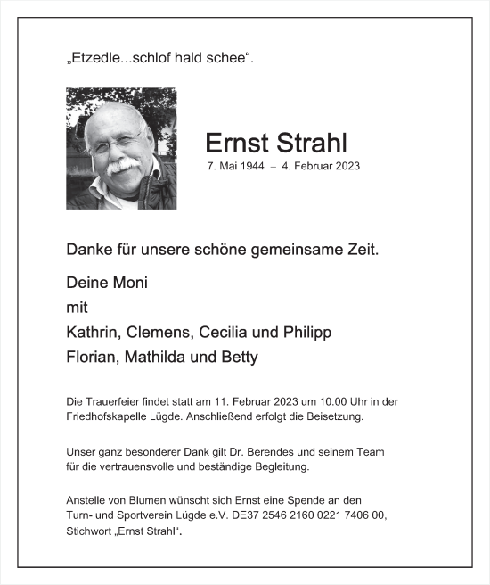 Traueranzeige von Ernst Strahl von Deister- und Weserzeitung