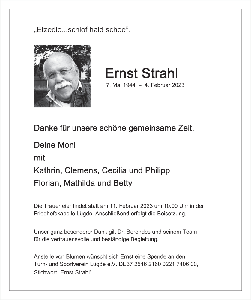  Traueranzeige für Ernst Strahl vom 08.02.2023 aus Deister- und Weserzeitung