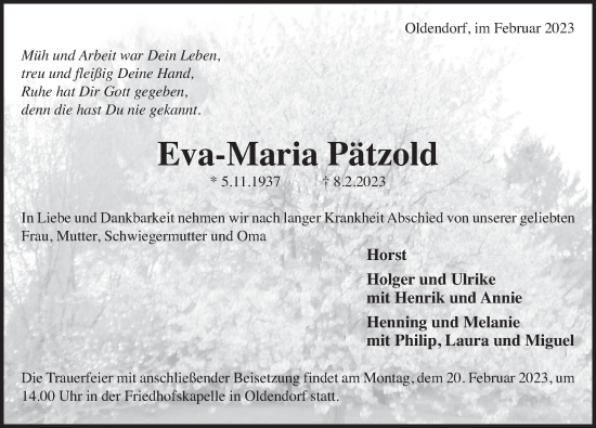 Traueranzeige von Eva-Maria Pätzold von Deister- und Weserzeitung