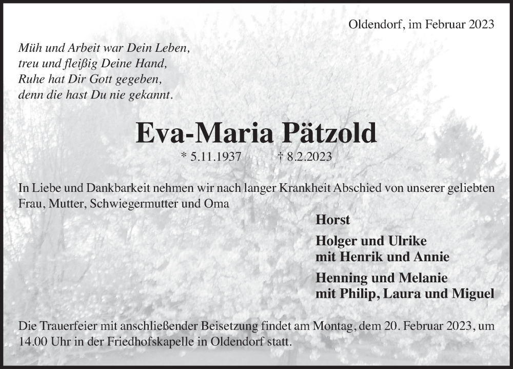  Traueranzeige für Eva-Maria Pätzold vom 18.02.2023 aus Deister- und Weserzeitung