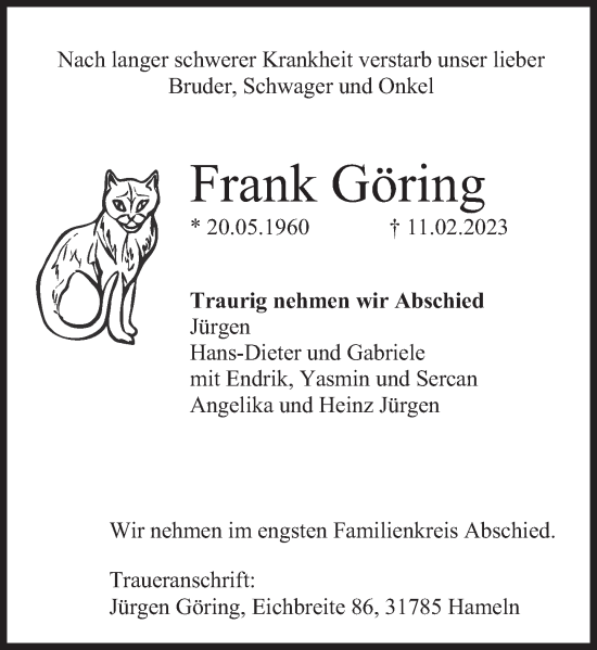 Traueranzeige von Frank Göring von Deister- und Weserzeitung