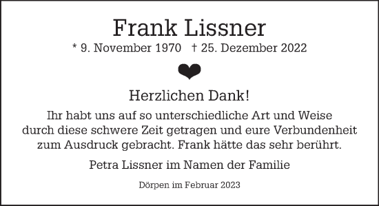 Traueranzeige von Frank Lissner von Deister- und Weserzeitung