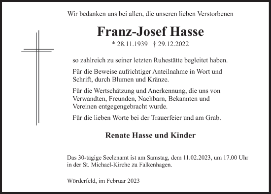 Traueranzeige von Franz-Josef Hasse von Deister- und Weserzeitung