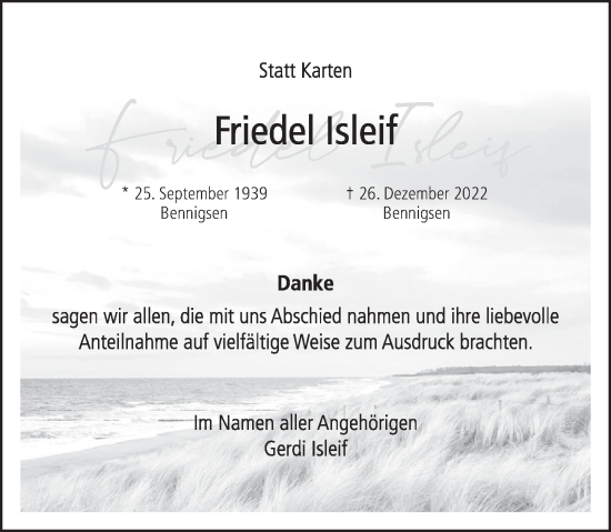 Traueranzeige von Friedel Isleif von Neue Deister-Zeitung
