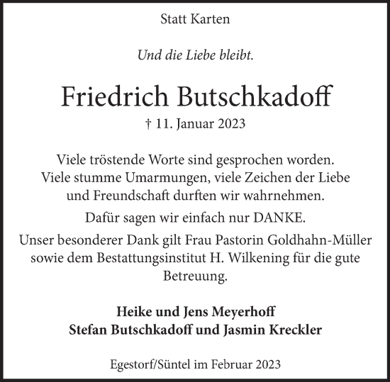 Traueranzeige von Friedrich Butschkadoff von Neue Deister-Zeitung