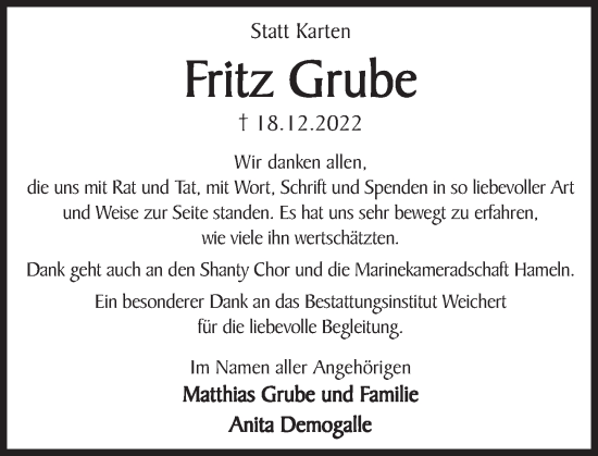 Traueranzeige von Fritz Grube von Deister- und Weserzeitung