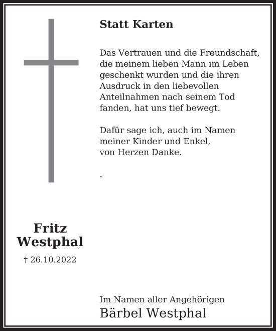 Traueranzeige von Fritz Westphal von Deister- und Weserzeitung