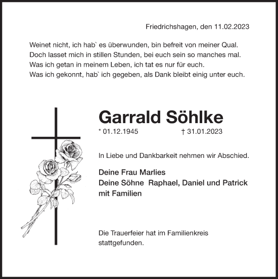 Traueranzeige von Garrald Söhlke von Deister- und Weserzeitung