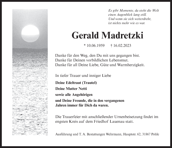 Traueranzeige von Gerald Madretzki von Neue Deister-Zeitung