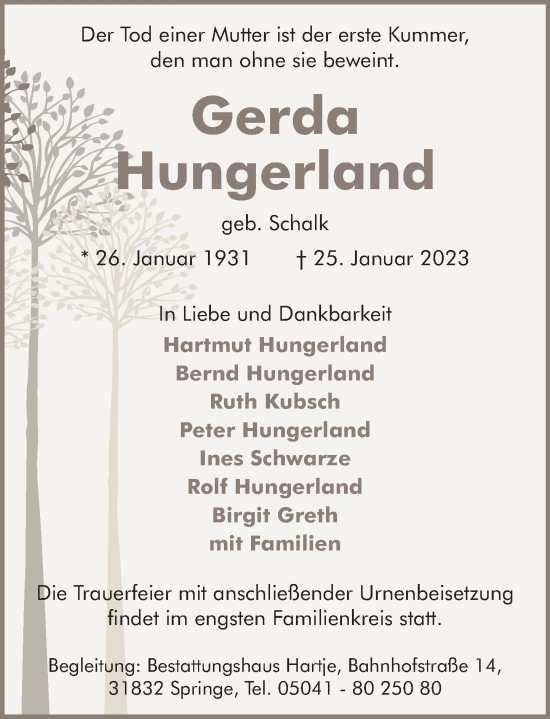 Traueranzeige von Gerda Hungerland von Neue Deister-Zeitung