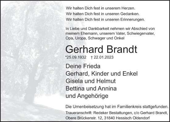 Traueranzeige von Gerhard Brandt von Deister- und Weserzeitung