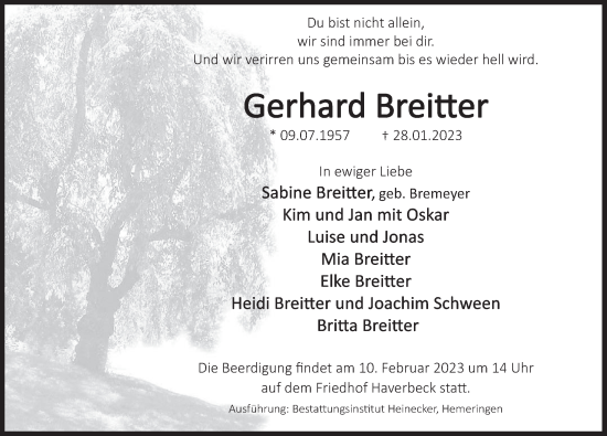 Traueranzeige von Gerhard Breitter von Deister- und Weserzeitung
