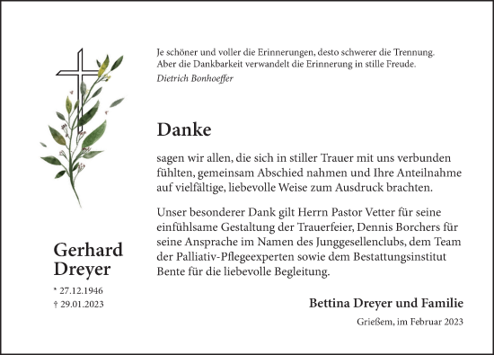 Traueranzeige von Gerhard Dreyer von Deister- und Weserzeitung