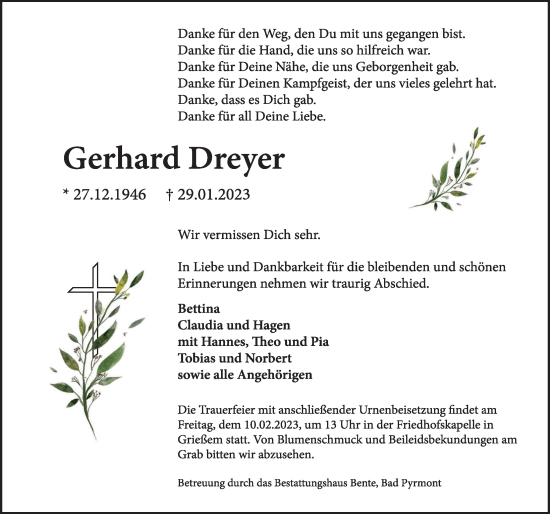 Traueranzeige von Gerhard Dreyer von Deister- und Weserzeitung