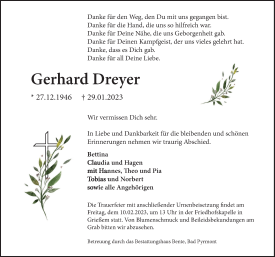 Traueranzeige von Gerhard Dreyer von Deister- und Weserzeitung