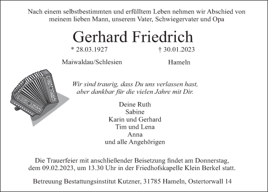Traueranzeige von Gerhard Friedrich von Deister- und Weserzeitung