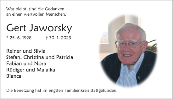 Traueranzeige von Gert Jaworsky von Deister- und Weserzeitung