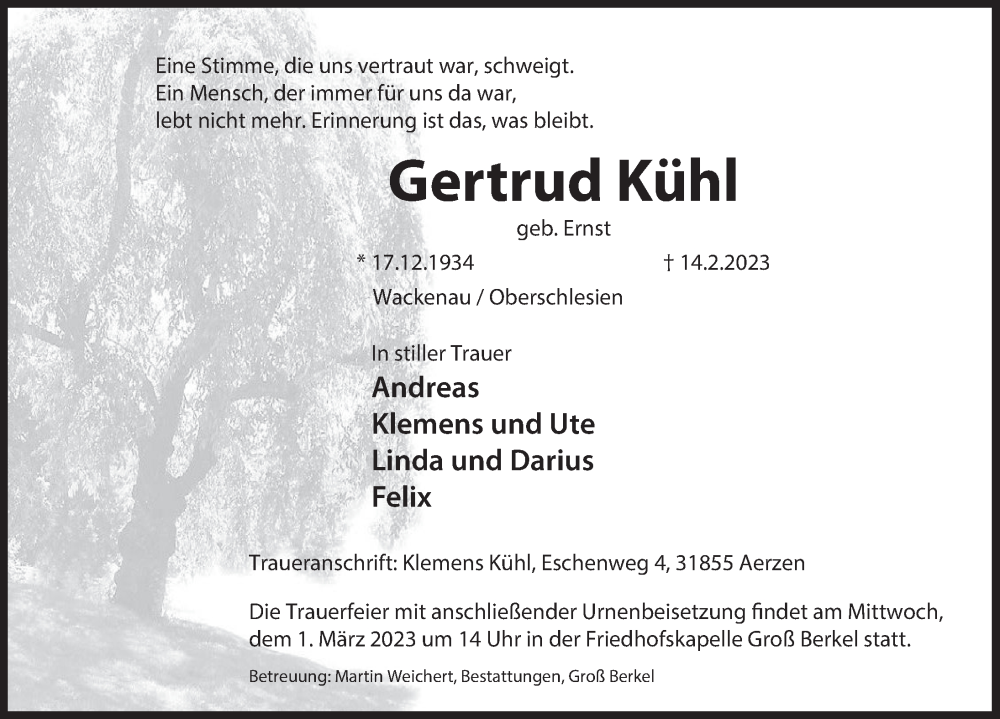  Traueranzeige für Gertrud Kühl vom 18.02.2023 aus Deister- und Weserzeitung