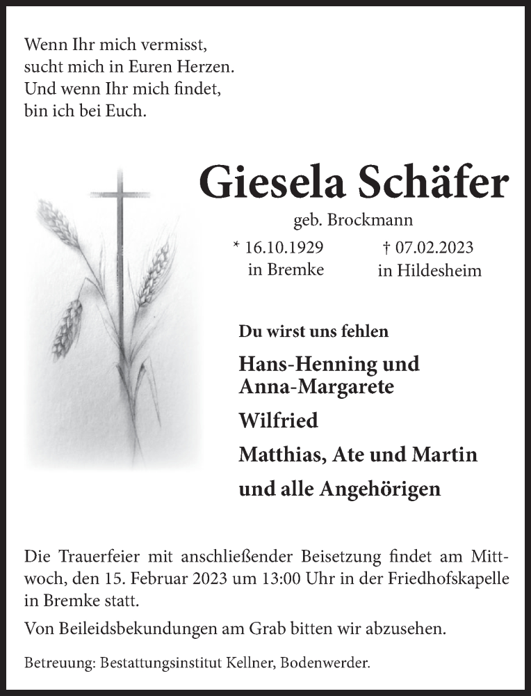  Traueranzeige für Giesela Schäfer vom 11.02.2023 aus Deister- und Weserzeitung