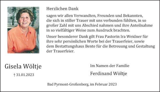 Traueranzeige von Gisela Wöltje von Deister- und Weserzeitung