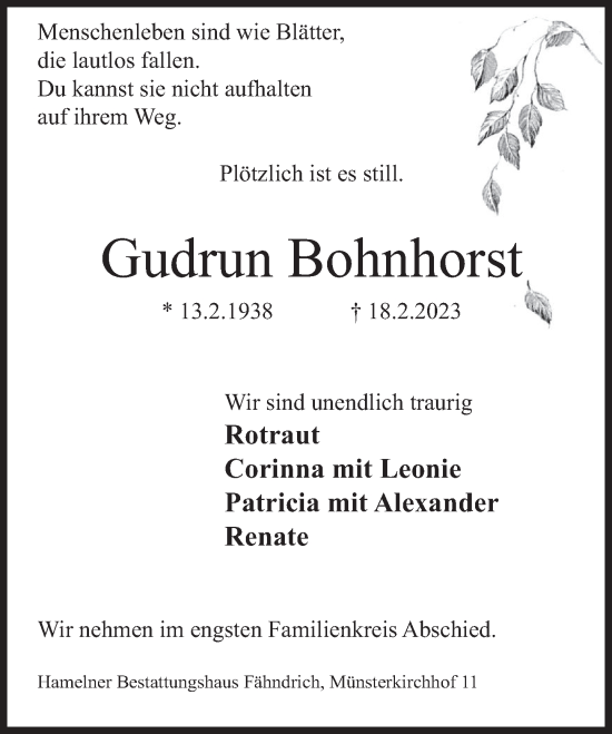 Traueranzeige von Gudrun Bohnhorst von Deister- und Weserzeitung