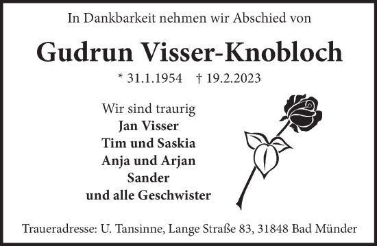 Traueranzeige von Gudrun Visser-Knobloch von Neue Deister-Zeitung