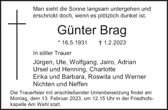 Traueranzeige von Günter Brag von Deister- und Weserzeitung