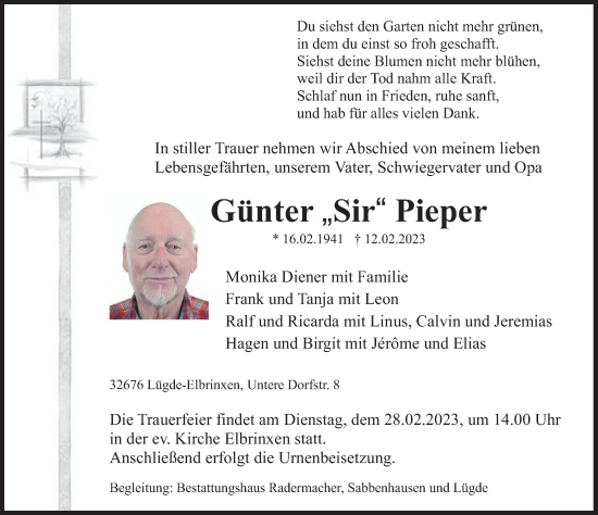 Traueranzeige von Günter Pieper von Deister- und Weserzeitung