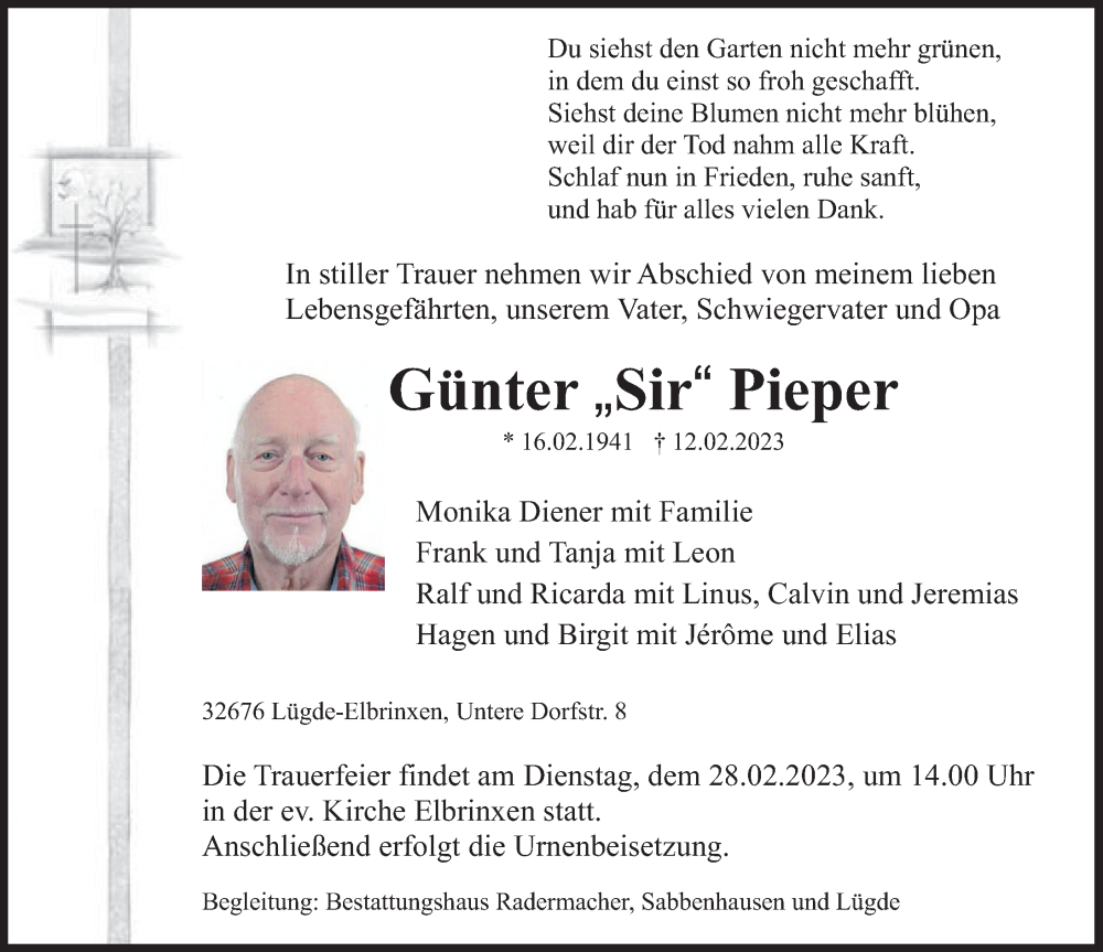  Traueranzeige für Günter Pieper vom 18.02.2023 aus Deister- und Weserzeitung