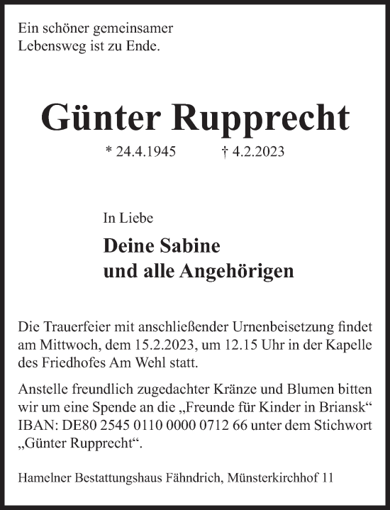 Traueranzeige von Günter Rupprecht von Deister- und Weserzeitung