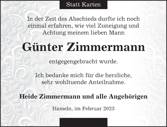 Traueranzeige von Günter Zimmermann von Deister- und Weserzeitung
