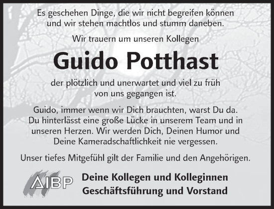 Traueranzeige von Guido Potthast von Deister- und Weserzeitung