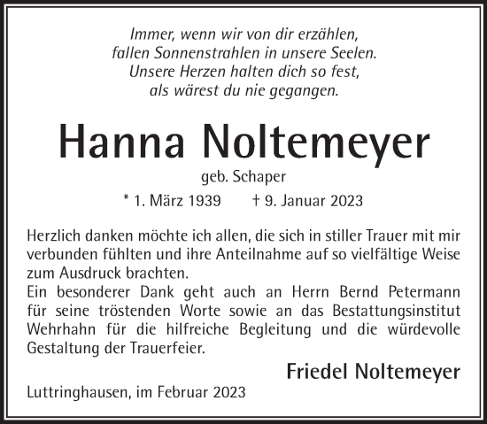 Traueranzeige von Hanna Noltemeyer von Neue Deister-Zeitung