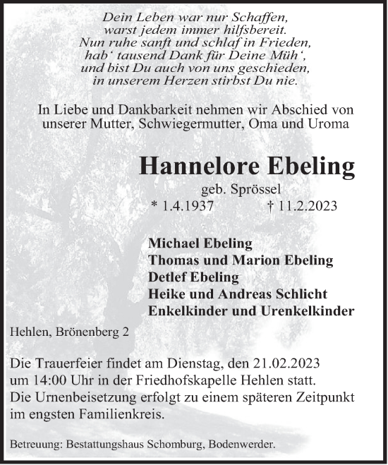 Traueranzeige von Hannelore Ebeling von Deister- und Weserzeitung
