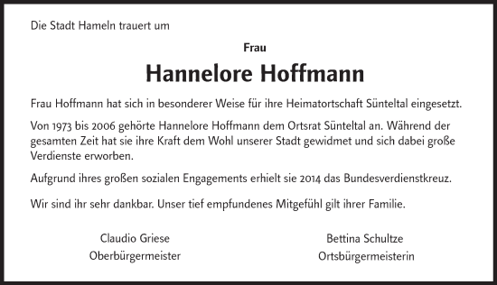 Traueranzeige von Hannelore Hoffmann von Deister- und Weserzeitung